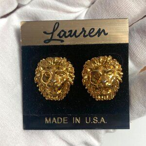 Vintage Gold Tone Lion Head Stud Earrings Preppy Statement 80s 90s Made in USA